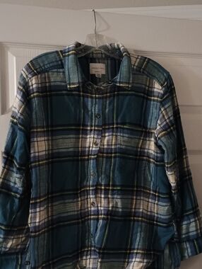 American Eagle Teal, Navy & Yellow Plaid Boyfriend Flannel Shirt